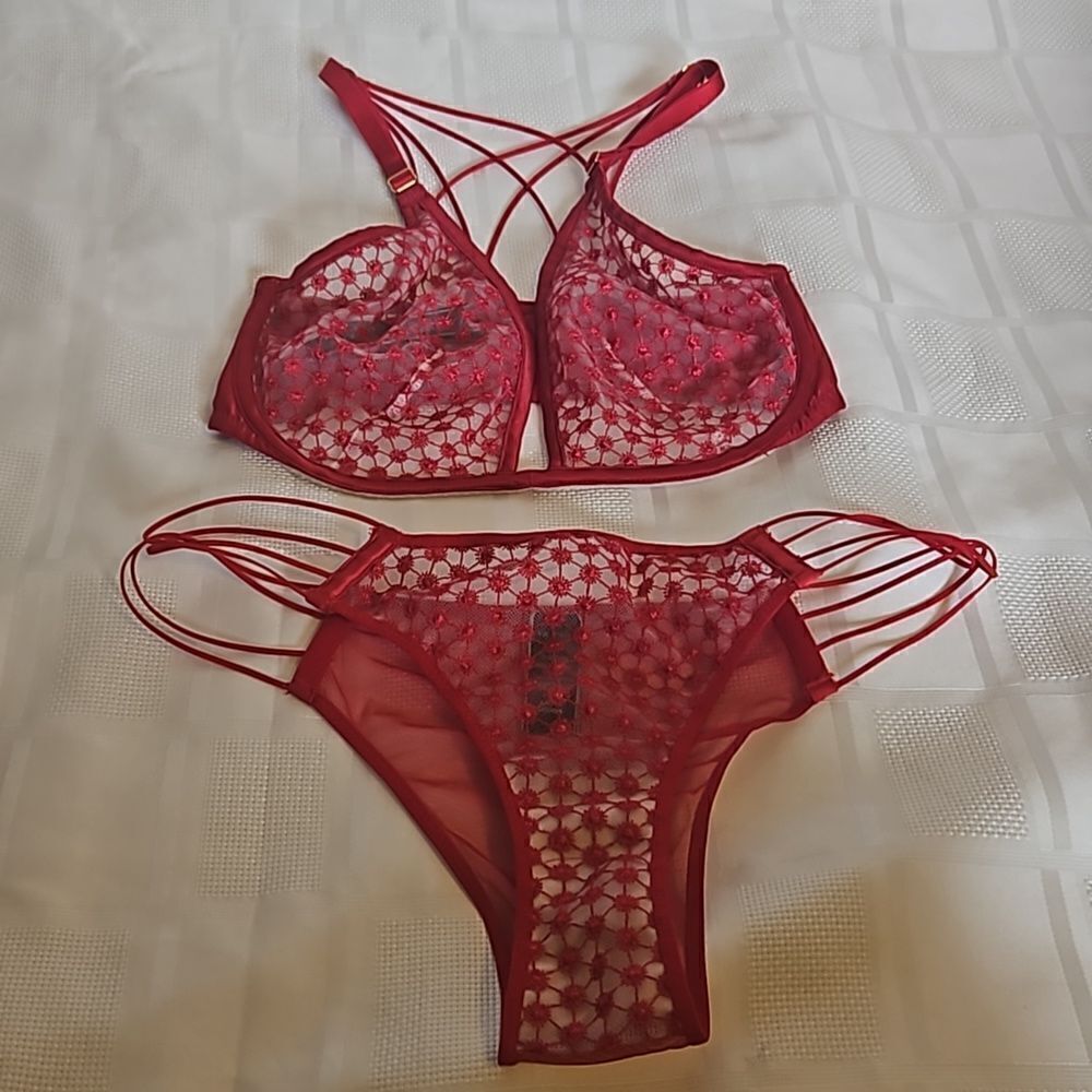 Victoria's Secret Lace Underwire Bra With Matching Underwear 32DD/ Small Red - Picture 6 of 16